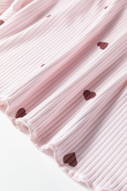 Light Pink Valentine Heart Shape Print Ribbed Knit Short Lounge Set
