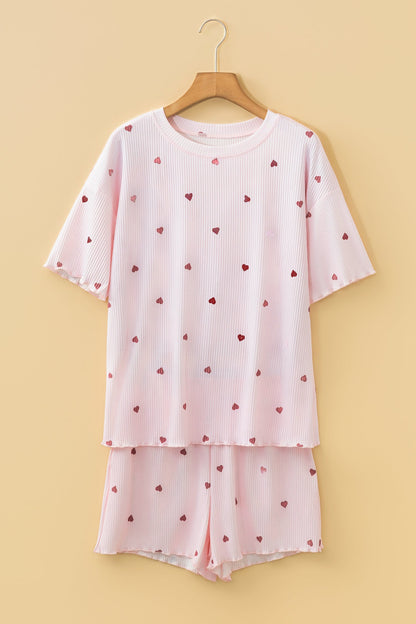 Light Pink Valentine Heart Shape Print Ribbed Knit Short Lounge Set