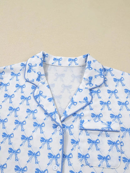 Bow Print Long Sleeve Shirt and Pants Pajama Set