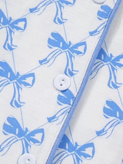 Bow Print Long Sleeve Shirt and Pants Pajama Set