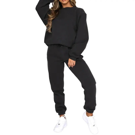Crew Neck Pullover Sweatshirt Fleece-lined Fashion Casual Sweater Sweatpants Two-piece Set