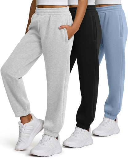 Girls 3-Pack Sweatpants - Fleece Joggers with Pockets | AURORE LUXURE