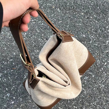 Large capacity suede hobo bag, female contrasting shoulder bag, underarm bag, slouchy bag