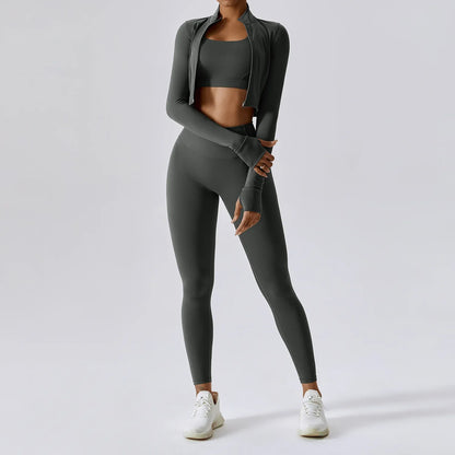 Workout Outfit ActiveWear 3 Pieces Workout Clothes Sports Bra High Waist Gym Leggings Long-Sleeved
