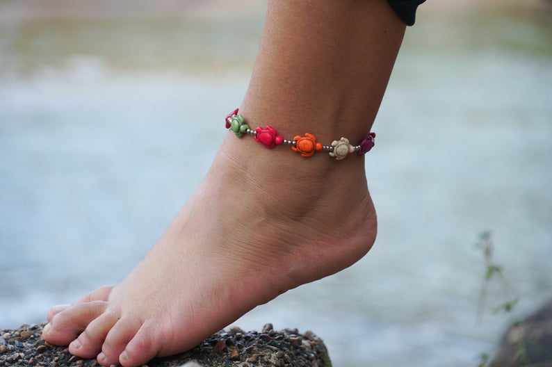 Colorful Turtle Boho Silver Anklet For Beach Summer