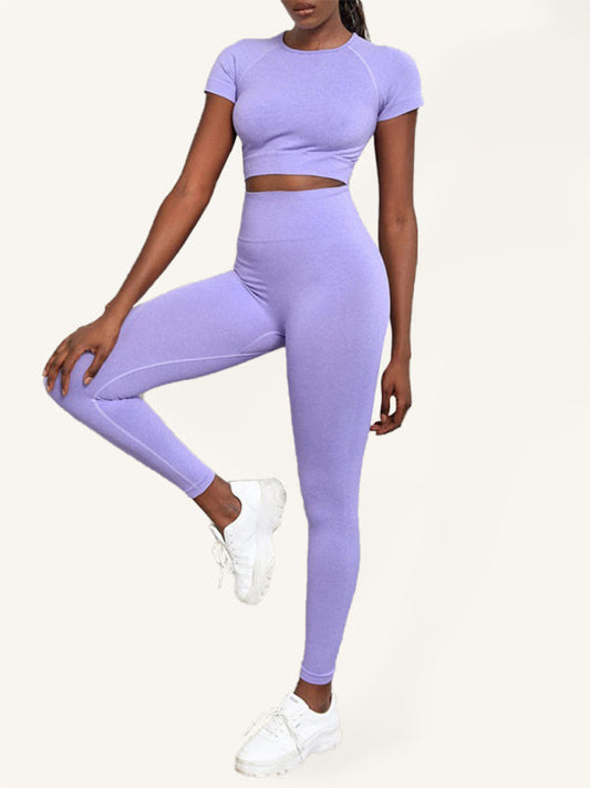 Women's Solid Color Seamless Exercise Yoga Short Sleeve & Pants Set