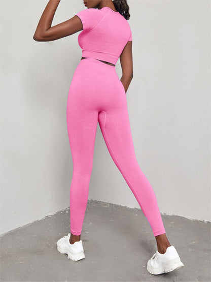 Women's Solid Color Seamless Exercise Yoga Short Sleeve & Pants Set